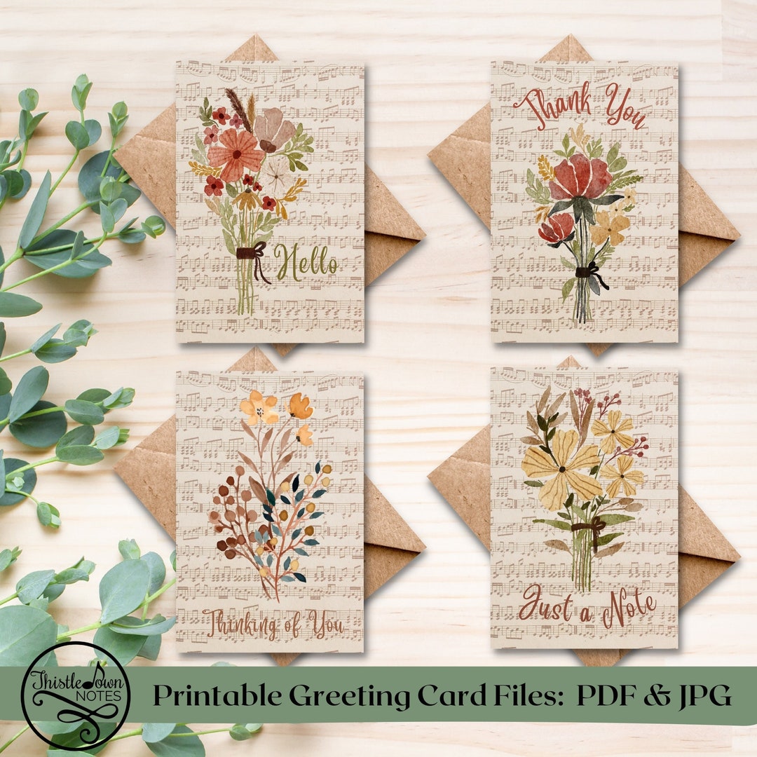 Antique Music Flowers Note Cards 4X6 Set of 4 Instant Download ...