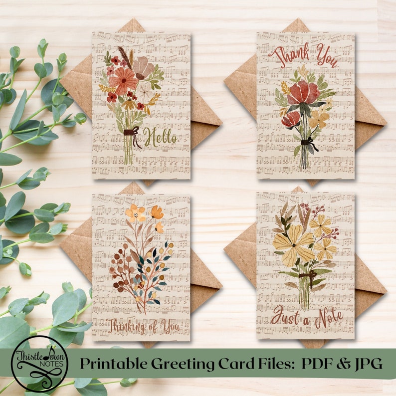 Antique Music Flowers Note Cards 4X6 Set of 4 Instant Download ...
