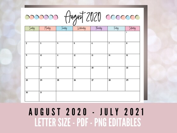 Druckbarer Kalender 2020 2021 August Bis Juli Digitaler Etsy