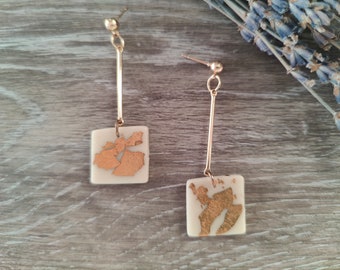 Handmade Ivory Polymer Clay Square Earrings with Golden Leaf Detail | Modern Chic Minimalist Jewelry | Women's Gift