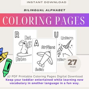 27 Bilingual English Spanish Coloring Pages for Kids: Páginas de Colorear Bilingue Inglés y Español para Niños. Bilingual Alphabet printable