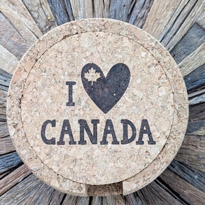 Canada Themed Cork Coaster Set – 4 Rustic Drink Coasters– “Strong and Free,” “Straight Outta Canada,” “I Heart Canada,” “From Sea to Sea”
