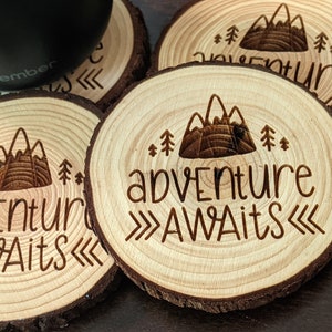 Adventure Awaits Coasters (Pine) - Set of 4, Outdoors, Camping, Hiking, Birthday Gift, Financial Independence, Live in the Moment