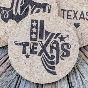 Texas Themed Cork Coaster Set – 4 Laser Engraved Designs – Rustic Drink Coasters with Lone Star State Pride – 4 Inch Coasters with Holder