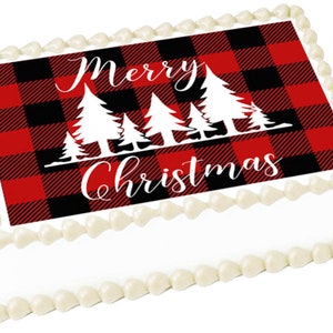 MERRY CHRISTMAS Black Red Buffalo check edible cake topper image cake Party decoration