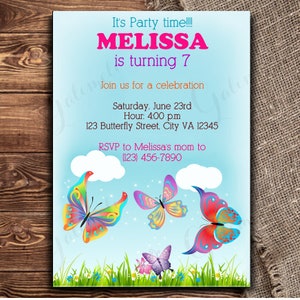 May include: A birthday invitation with a blue background and colorful butterflies. The invitation says "It's Party time!!! MELISSA is turning 7. Join us for a celebration. Saturday, June 23rd Hour: 4:00 p.m 123 Butterfly Street, City VA 12345 RSVP to Melissa's mom to (123) 456-7890"