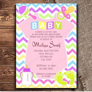 May include: A baby shower invitation featuring a pink onesie design and a vibrant chevron background. The invitation includes the word "BABY" in colourful letters, event details, and the name "Melissa Smith".