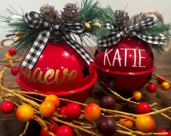 Personalized Christmas Rustic Bell Ornament,  Large metal Red Jingle Bell