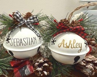 Personalized Christmas Rustic Bell Ornament,  Large metal White Bell