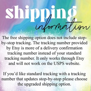 May include: Text on a colorful background explaining that the free shipping option does not include tracking. It says that the tracking number provided by Etsy is more of a delivery confirmation tracking number instead of a standard tracking number. It only works through Etsy and will not work on the USPS website. It also says that if you'd like standard tracking with a tracking number that updates stop-by-stop, please choose the upgraded shipping option.