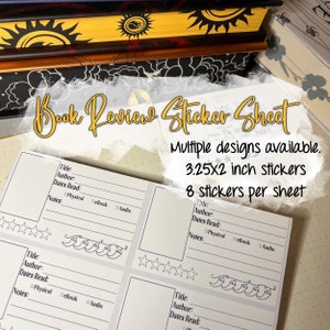 May include: A sheet of 8 book review stickers with a black and white design. Each sticker is 3.25 inches by 2 inches and features a title, author, dates read, notes, and a section for physical, ebook, or audio format. The stickers also include a 5-star rating section and a decorative design of wavy lines.