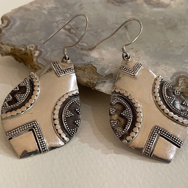 Bali Dangle Earrings, Balinese Sterling Silver Long Dangle Gypsy, Hippie Earrings With Raised Dot Design