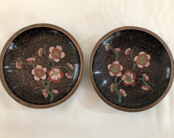 Vintage Cloisonne Dishes, Set Of Two, Pink Floral Motif, Chinese Export