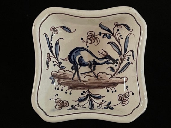 Portuguese Small Ceramic Trinket Dish, Deer And F… - image 1