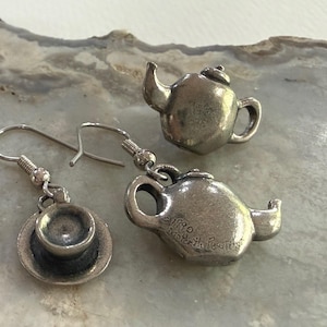 Danforth Pewter Teacup, Teapot Earrings And Teapot Pin Brooch, Vintage