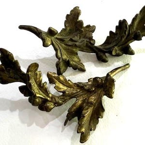 May include: Two antique brass leaf-shaped decorative elements. The leaves have intricate veining and a slightly curved shape. The brass has a warm, aged patina, suggesting they are vintage or vintage-inspired.