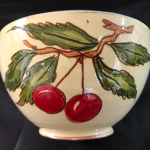 French Cafe Au Lait Dessert Cereal Bowl, Hand Painted Cherries, Hand Made In France, Two Available, Unused