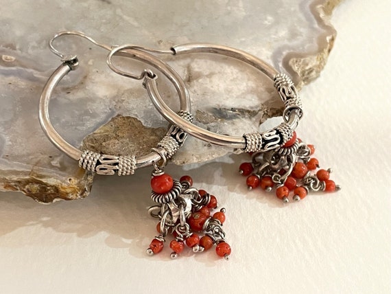 Sterling Silver Red Coral Beaded Circle Earrings Sterling Silver Red Coral Beaded Circle Earrings