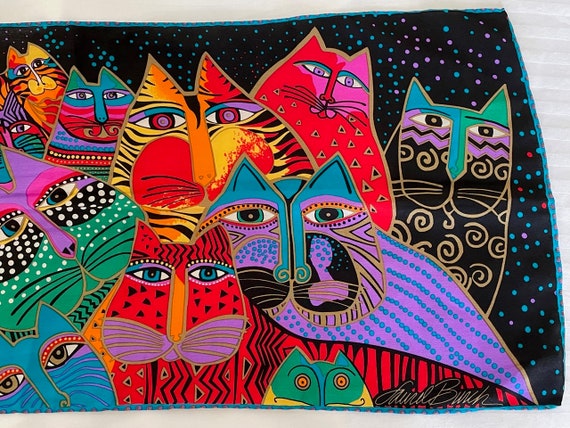 Laurel Burch Long Silk Scarf, Cats Motif, Multi C… - image 8