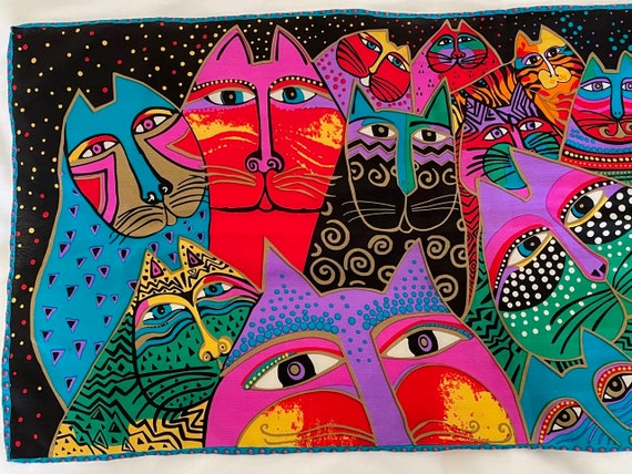 Laurel Burch Long Silk Scarf, Cats Motif, Multi C… - image 4