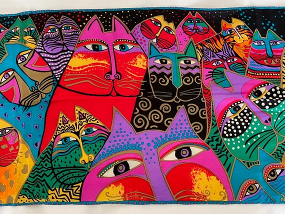 Laurel Burch Long Silk Scarf, Cats Motif, Multi C… - image 1