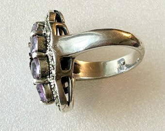 Bague Florale En Argent Sterling - Pavée De Micassites Et Améthyste Centrale - Années 1970 - Occasion
