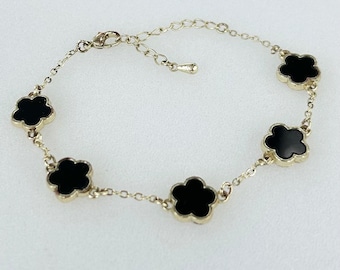 FOUR LEAF CLOVER Black Acrylic on Gold Tone 6.5” to 8”