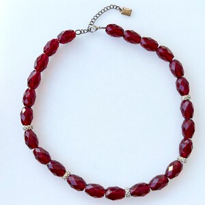 Vintage CHAPS Ruby Red Acrylic Necklace with Rhinestone Rondelles