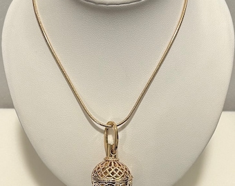 Vintage Brass Hollow Ball Locket Cage Necklace 32” Pendant Drop 1.75”