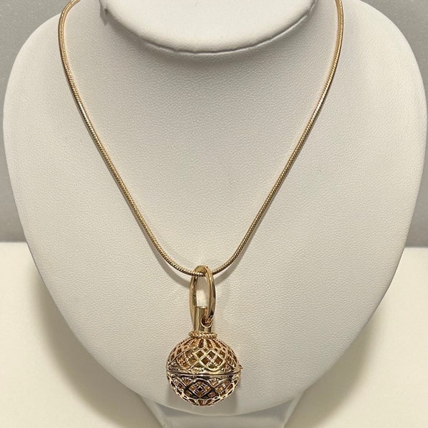 Vintage Brass Hollow Ball Locket Cage Necklace 32” Pendant Drop 1.75”
