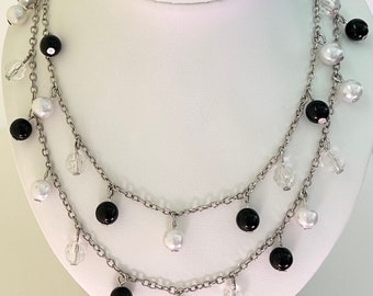 Vintage 54&quot; Lucite Bead Necklace: Black, White & Clear Flapper Style