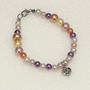 Vintage Pastel Glass Pearl Bracelet Mom Sterling Silver Heart 7 Inches