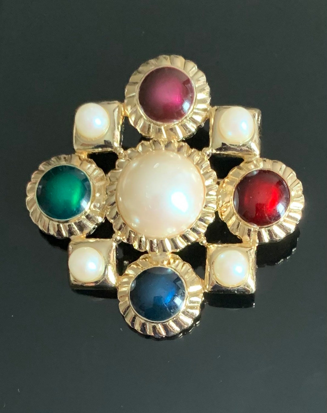 Broche Vintage En Laiton Doré Avec Cabochons De Verre Et Strass - Occasion