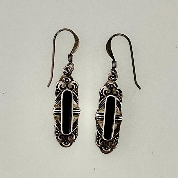 Art Deco Navajo Sterling Silver Black Onyx Drop Earrings