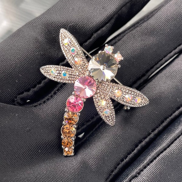 Stunning Dragonfly Brooch Pin AB Multi-color Colorful Pink Purple Yellow Aurora Borealis Crystals Vintage Ornate Design