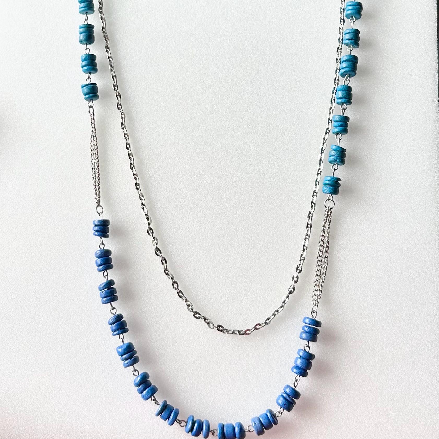 Collier Vintage Années 1950/1960 - 21 Perles Bleues En Verre à Inclusions Argentées - Longueur 46-50 Cm
