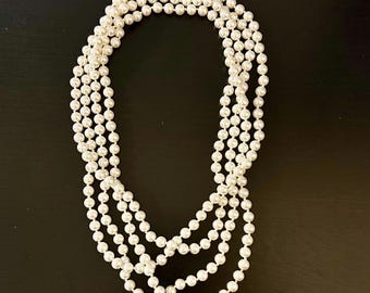 Glass Pearl Necklace 72” Long 6.25mm Silk Cord Knotted in Between
