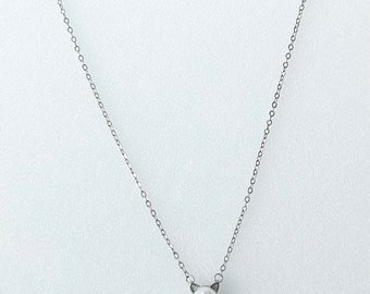 DAINTY Sterling Silver Marked 925 Necklace 16” 8mm Faux Pearl with Cat Ears