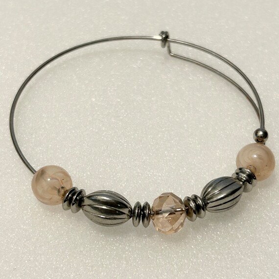 Adjustable Silver Tone Bangle: Cream Swirl Lucite… - image 4