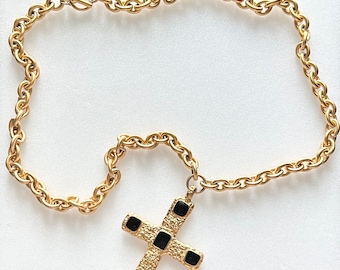 Anne Klein Byzantine Cross Necklace: Black Enamel, Matte Gold Tone, Chunky Chain