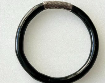 Vintage Rare Black Coral Bangle with Floral Repousse Sterling Silver Size 8”