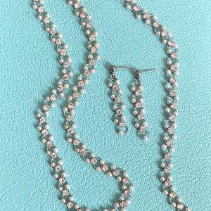 Vintage Silber Faux-Perle Strass Schmuck Set: Halskette, Armband, Ohrringe