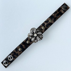 Vintage Leather Bracelet 7” to 8” Leopard Print Design with Flower RHINESTONES Biker's Bracelet