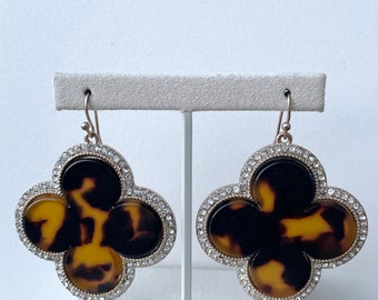 Vintage Clover Gold Tone Quatrefoil Earrings with Cubic Zirconia Four Leaf Clover Lucky Branded Look Designer Vibe