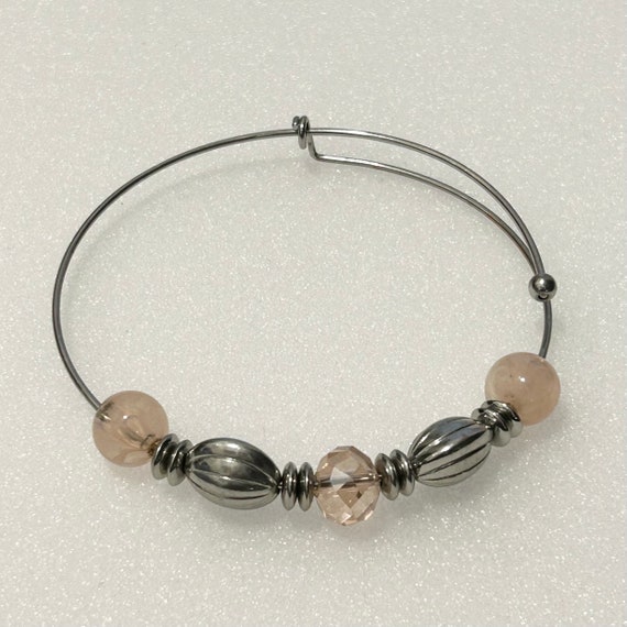 Adjustable Silver Tone Bangle: Cream Swirl Lucite… - image 1