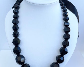 Vintage Graduated Acrylic Faceted Black Bead Necklace 16 Inches Adjustable Black Ribbon Closure Victorian Look Unique Classic