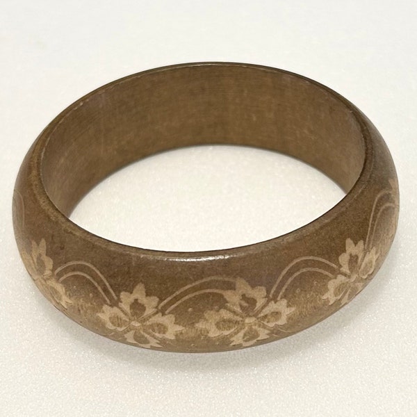 Vintage Wood Carved Wide Bangle Size 7.5” 23mm Flower Motif