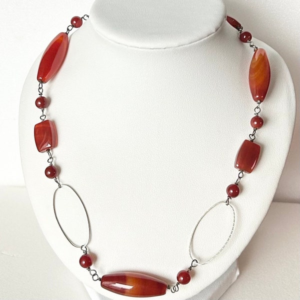 Vintage Carnelian Flapper Necklace Art Deco Style 36” Sautoir Silver Tone Metal