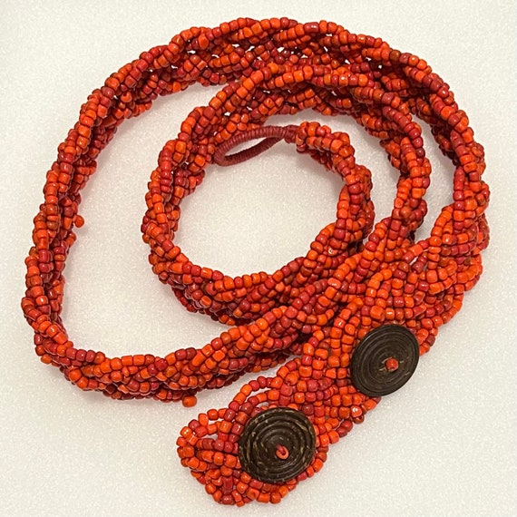 Vintage Glass Seed Bead Belt Orange Coral Color Braided 32  display picture 1