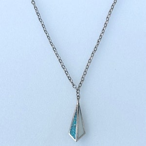 Vintage Triangular Inlaid Turquoise Chip and White Acrylic Pendant on 24” Chain